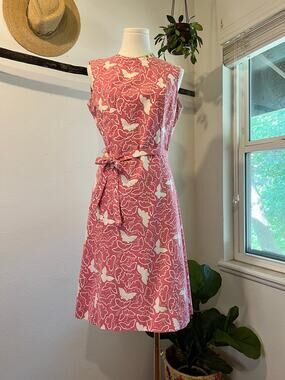 1960s Gordon of Philadelphia Pink Cotton Butterfly Sleeveless Dress Size 6